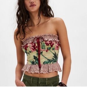 Free People Boho Floral Strapless Top with Ruffle Lace Trim